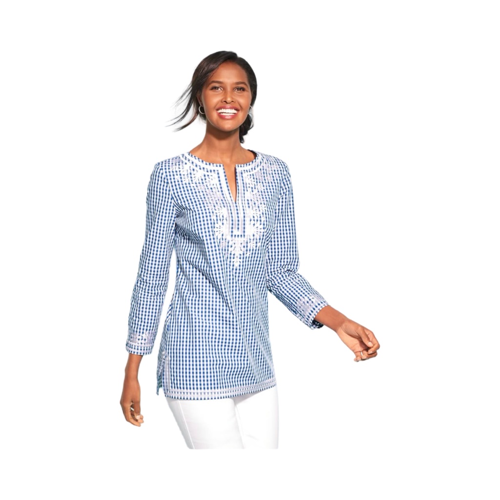 Talbots Womens Gingham Embroidered 3/4 Sleeve Split Hem Cotton Tunic Size M